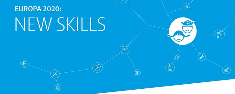 Weißer Schriftzug "Europa 2020: New Skills" auf hellblauem Hintergrund mit 2 gezeichneten Köpfen von Kindern, die mit Personen und Medien über Linien vernetzt sind